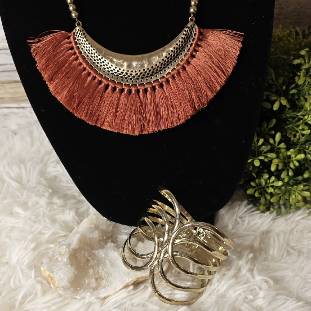 Egyptian Boho Gold and Burnt Orange Fringe Necklace w/ Awesome Cuff Bracelet